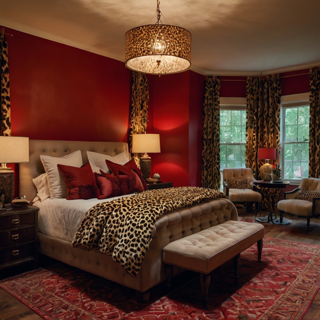 Add cheetah print bedding and red walls for a daring, exotic look. Soft lighting enhances the dynamic, inviting design.