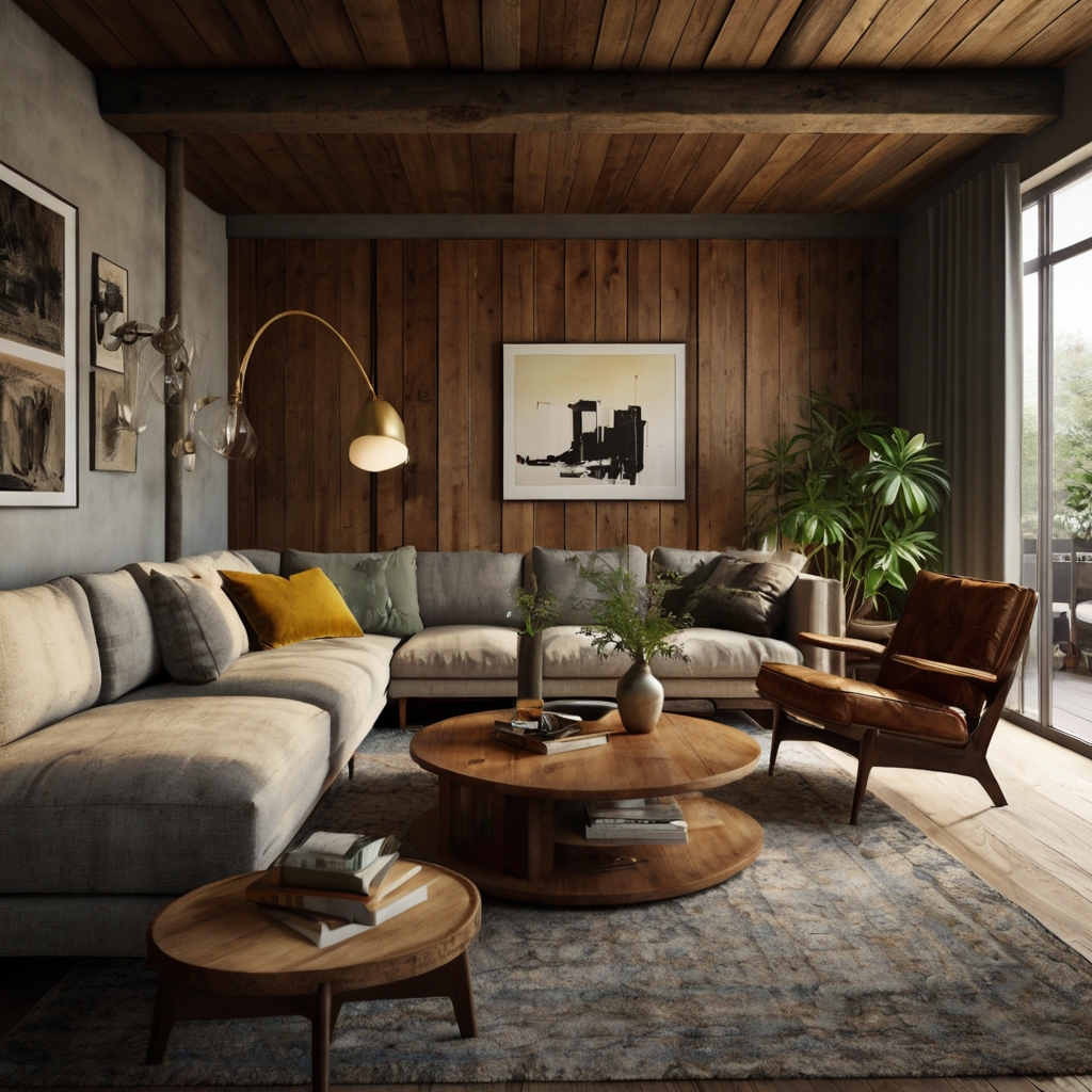 Mid-century modern apartment with exposed beams, adding rustic charm and architectural interest.