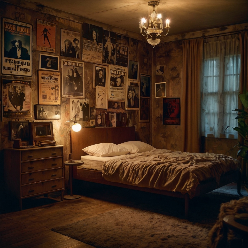 Retro posters of legendary figures, bathed in soft vintage lighting. The curled edges of the posters add to the room's nostalgic charm.