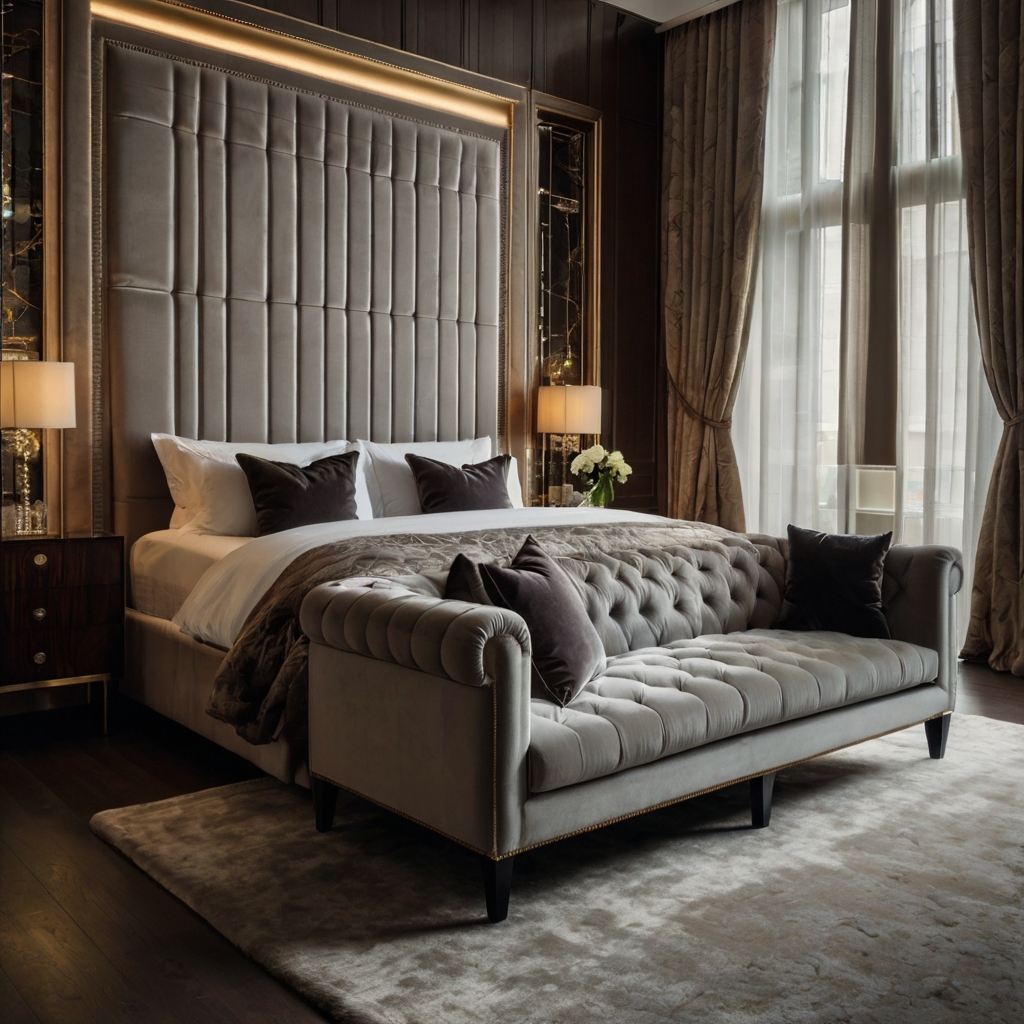 Luxurious bedroom with plush bedding and elegant decor. Polished hardwood floor and stylish armchair add sophistication