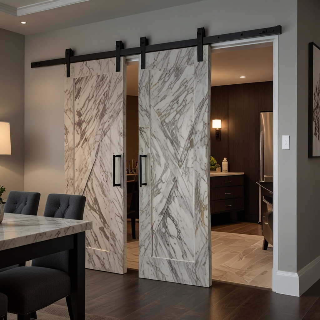 Barn doors with a faux marble or stone finish for luxury. Soft lighting enhances the elegant, upscale appearance.