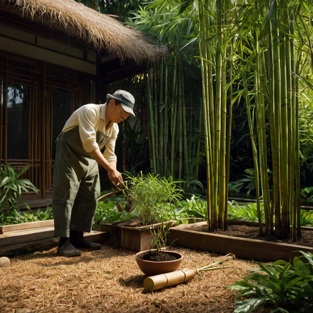 Overhead view of a gardener applying nitrogen-rich fertilizer around bamboo in bright sunlight. The vibrant green leaves indicate healthy growth.