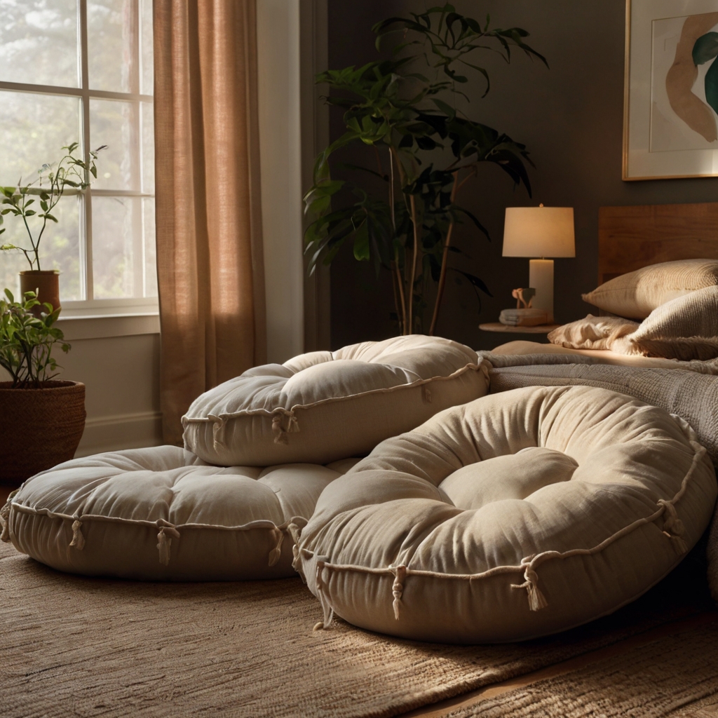 Floor cushions add casual seating to your bedroom. Warm lighting enhances the cozy vibe.