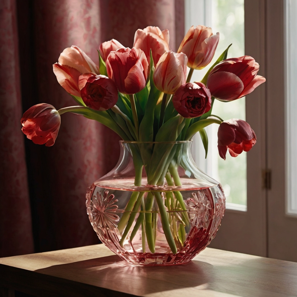 Floral motifs on vases exude elegance with deep reds and pinks. Top lighting highlights intricate details for a timeless look.