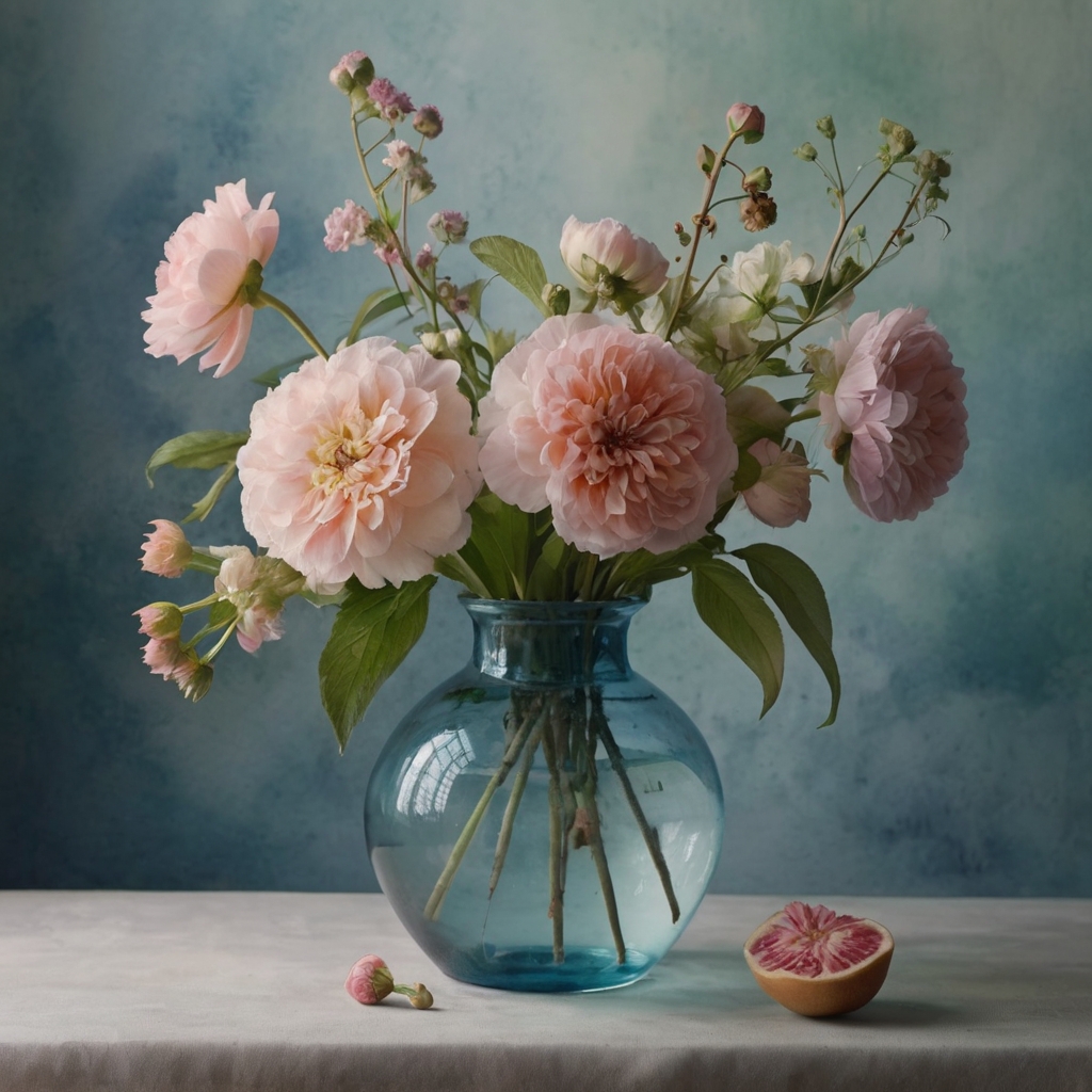 Serene vase with pastel watercolor flowers, soft natural light enhancing dreamy brushstrokes and a calming effect.