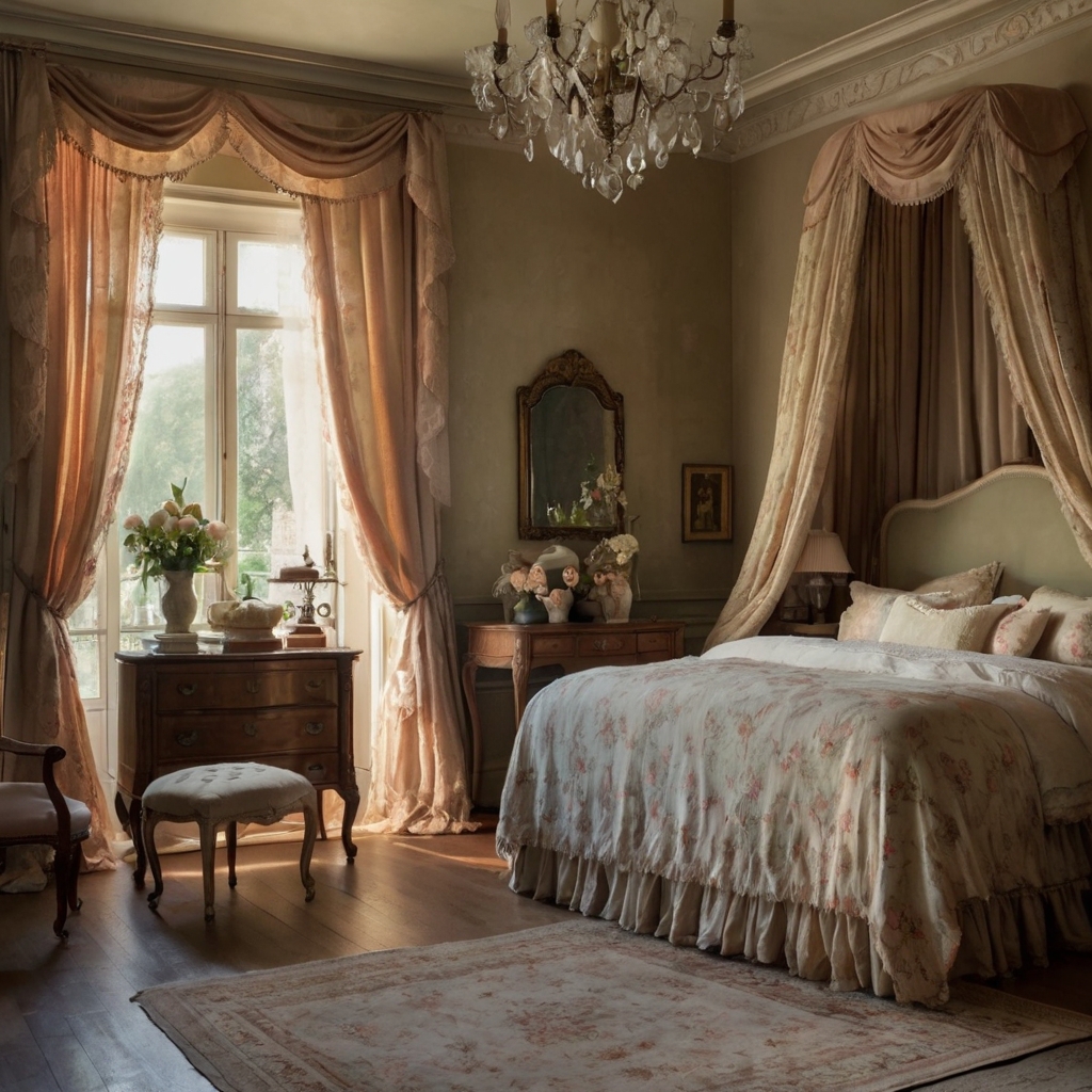 Vintage charm with soft pastels and antique accents create a romantic atmosphere. Discover timeless elegance for your bedroom!