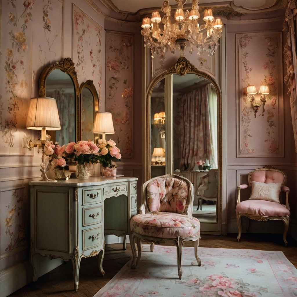 Create a romantic French-inspired vintage room with floral fabrics and curved furniture. Soft lighting enhances the delicate, luxurious atmosphere.