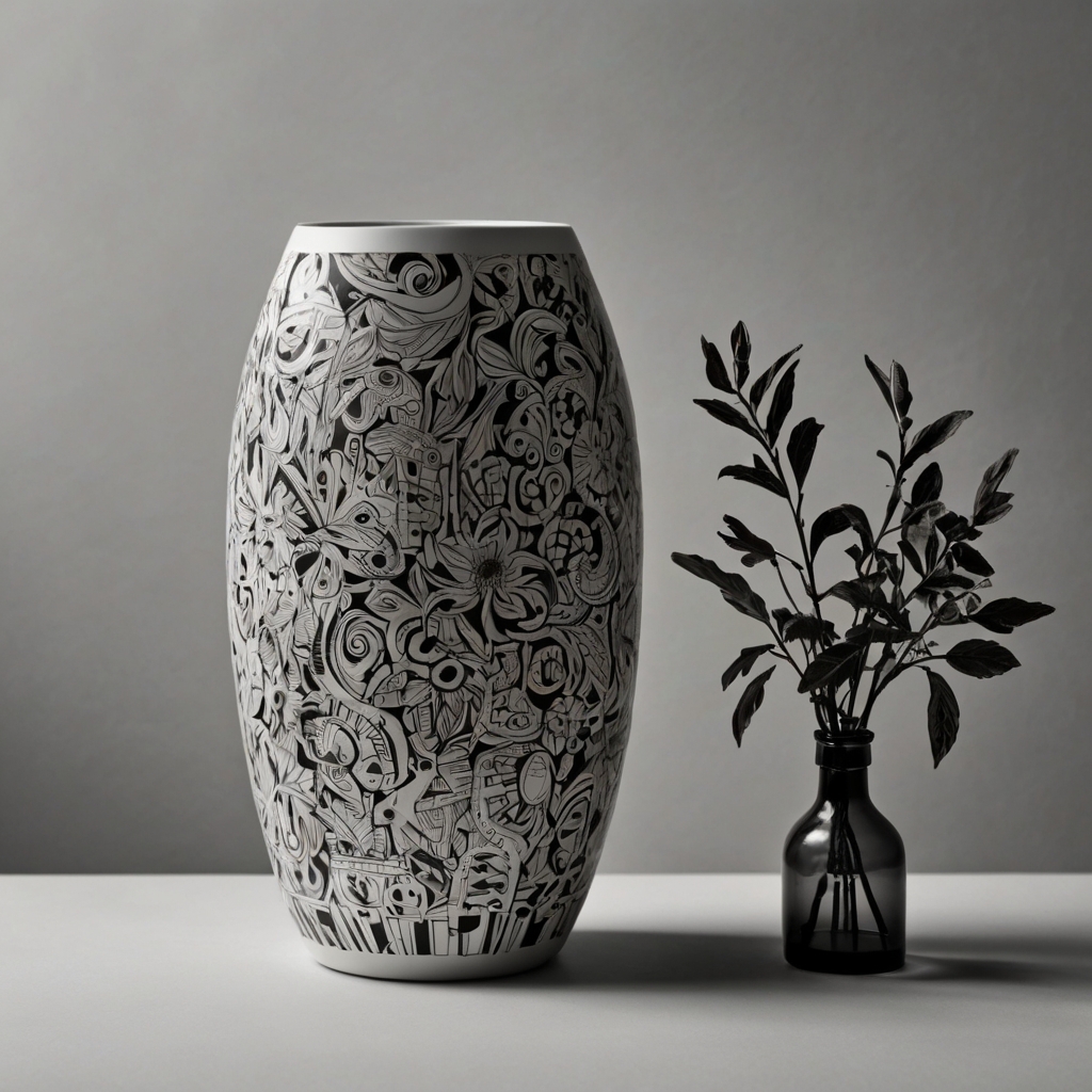 Playful vase with black-and-white doodles, soft even lighting highlighting fun, spontaneous designs without shadows.