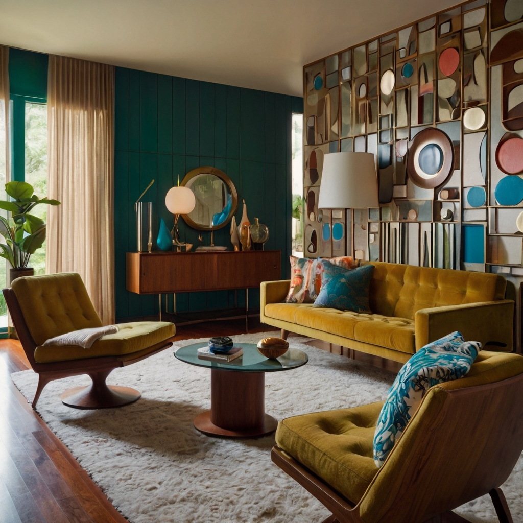 Mid-century modern room with funky, abstract sculptures adding a playful, artistic touch.    