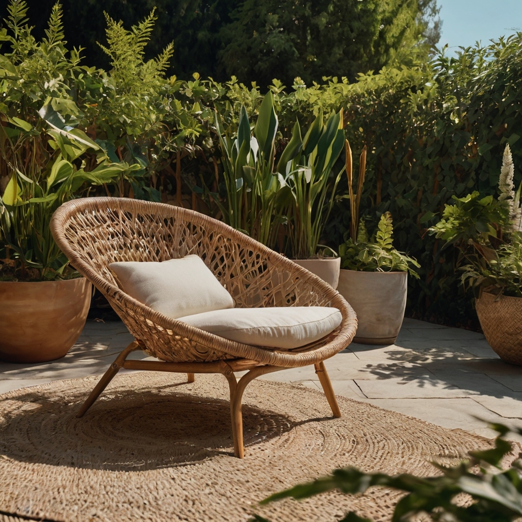 A tranquil outdoor setting with a woven wicker chair, basking in natural light surrounded by plants, creating a dreamy space for reading in the garden.