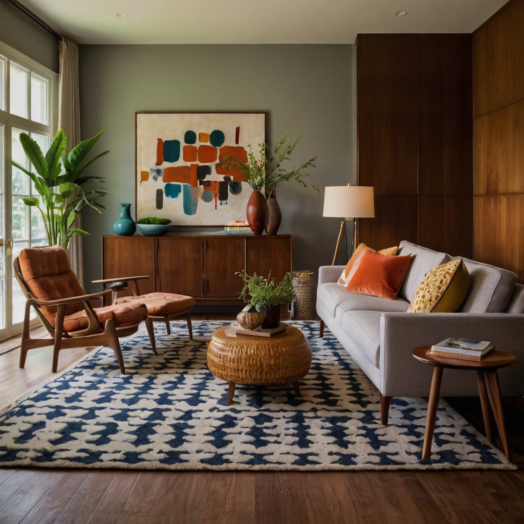 Mid-century modern room featuring bold geometric patterns on cushions and a large area rug.