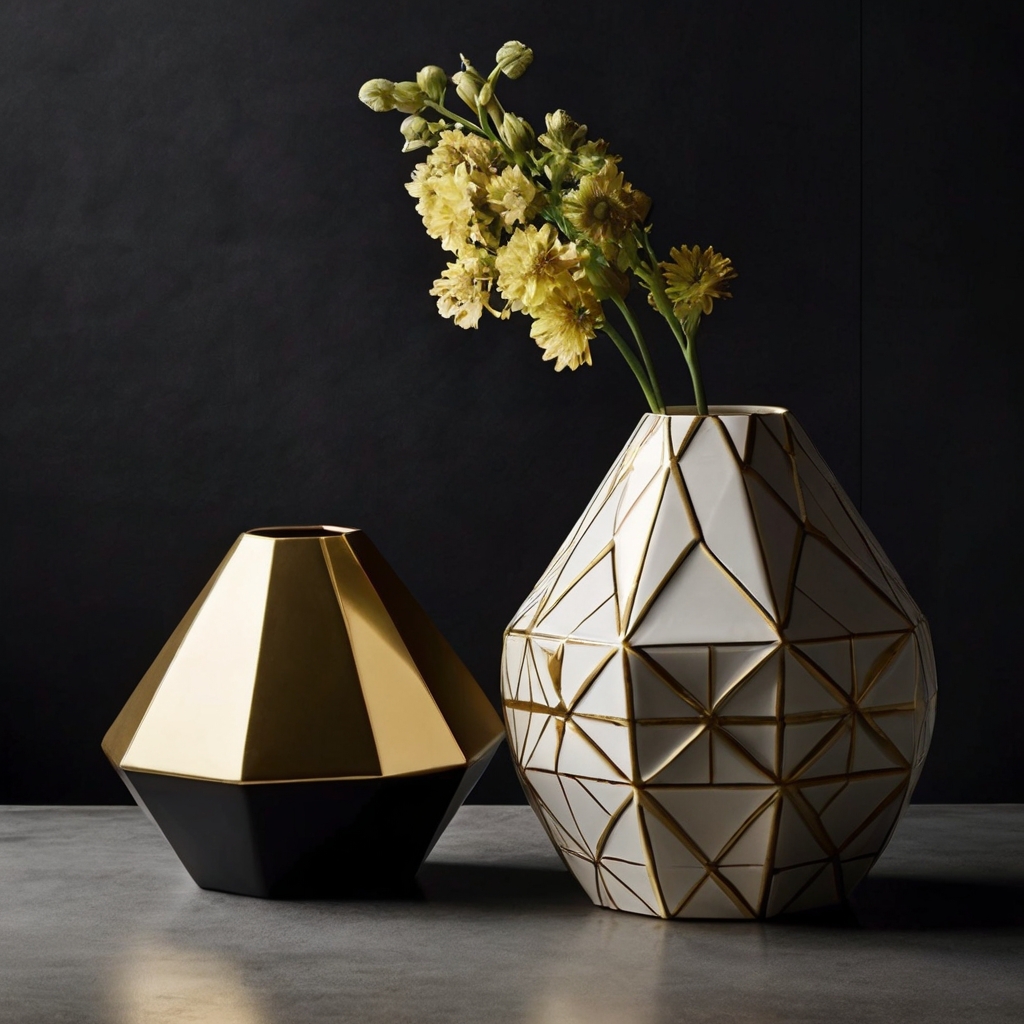 Create modern geometric vase art with bold patterns and contrasting shades. Side lighting adds sharp shadow effects for striking visuals.