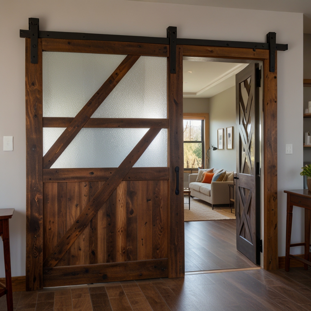 Barn doors with frosted glass panels allow light through. Diffused lighting accentuates the soft, elegant look.