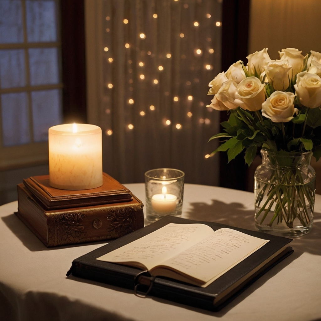 A personalized guest book is lit warmly by a nearby lamp. The light adds a cozy touch, inviting guests to share their tributes.