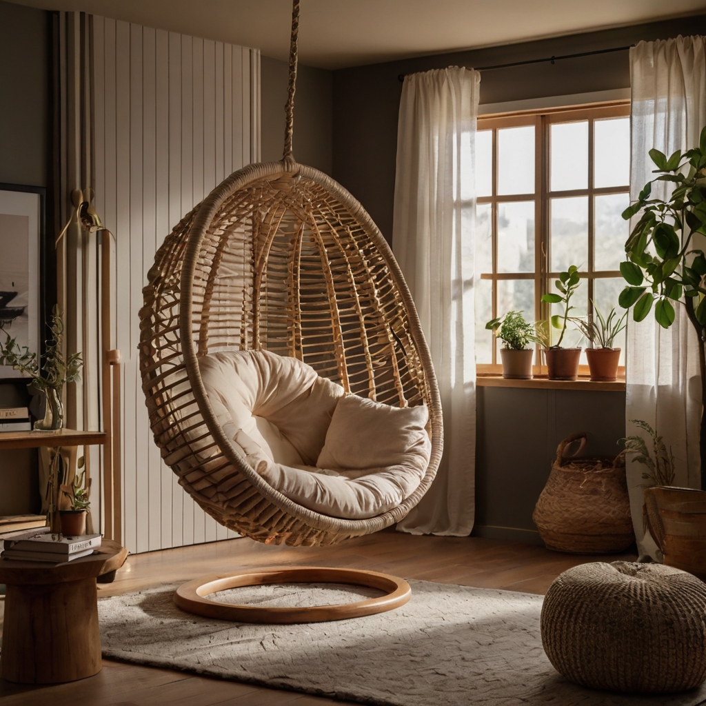 A hammock or swing chair creates a playful, cozy vibe. Soft lighting adds to the inviting feel.