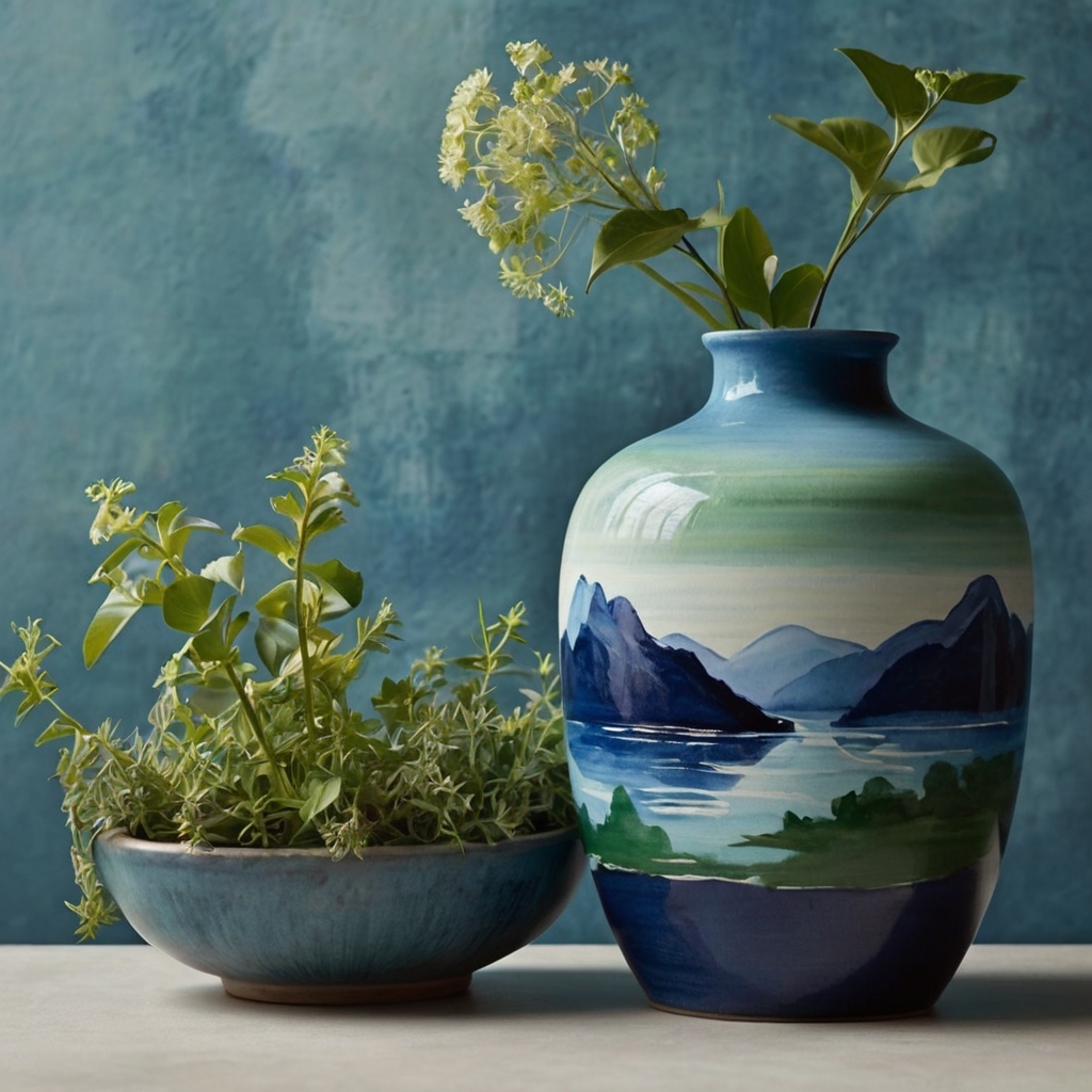 Nature-themed vase with painted mountains and rivers, diffused lighting creating a tranquil and peaceful atmosphere.