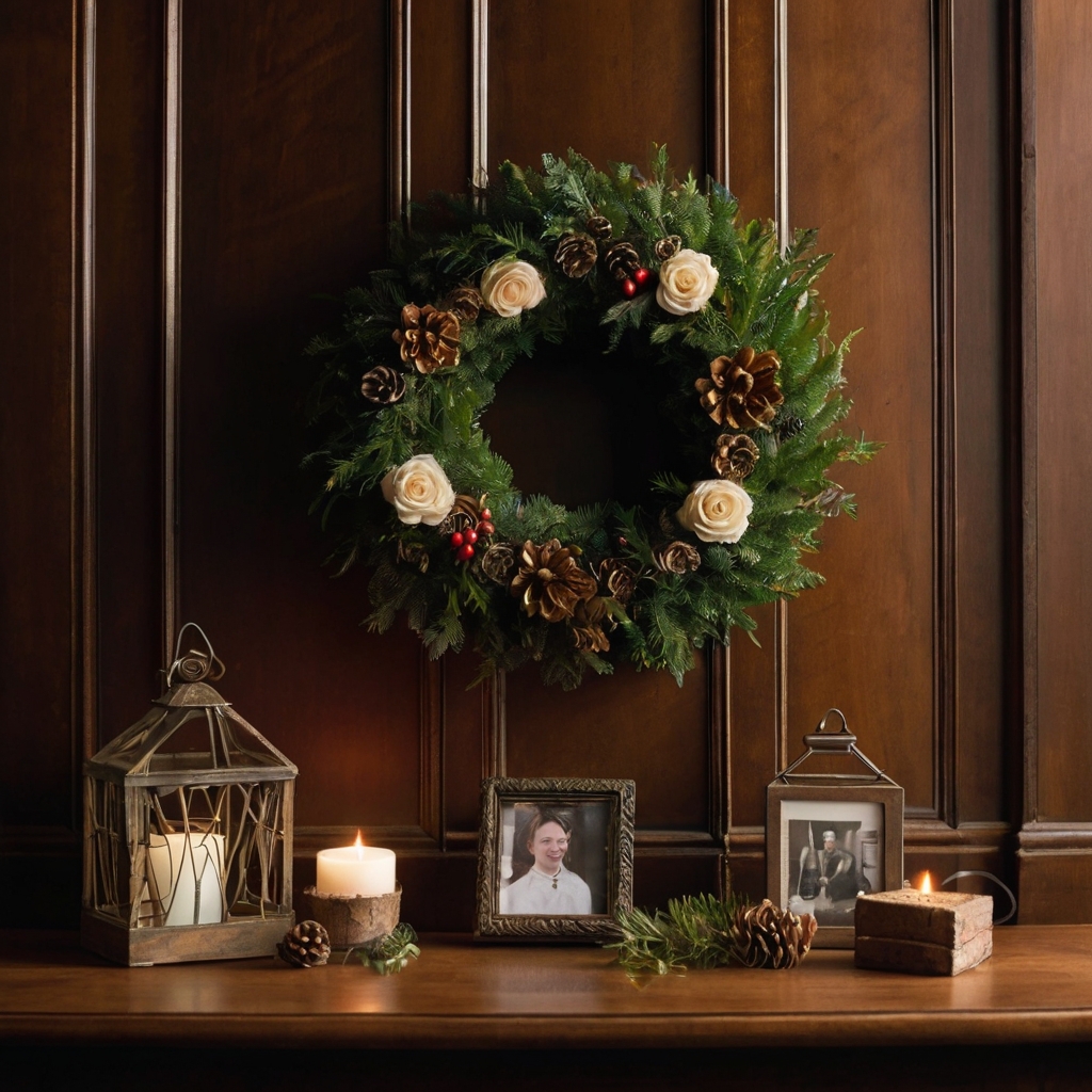 Handcrafted wreaths and ornaments are illuminated by gentle light. Their personal touch adds warmth and intimacy to the service.