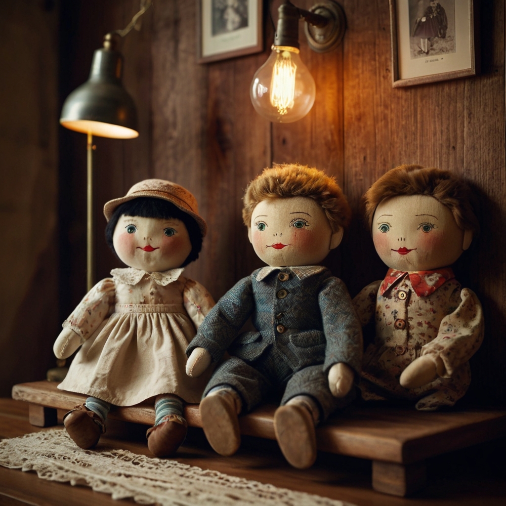 Handmade dolls or puppets sit on a shelf, illuminated by warm light. The intricate stitching adds charm to the vintage room decor.