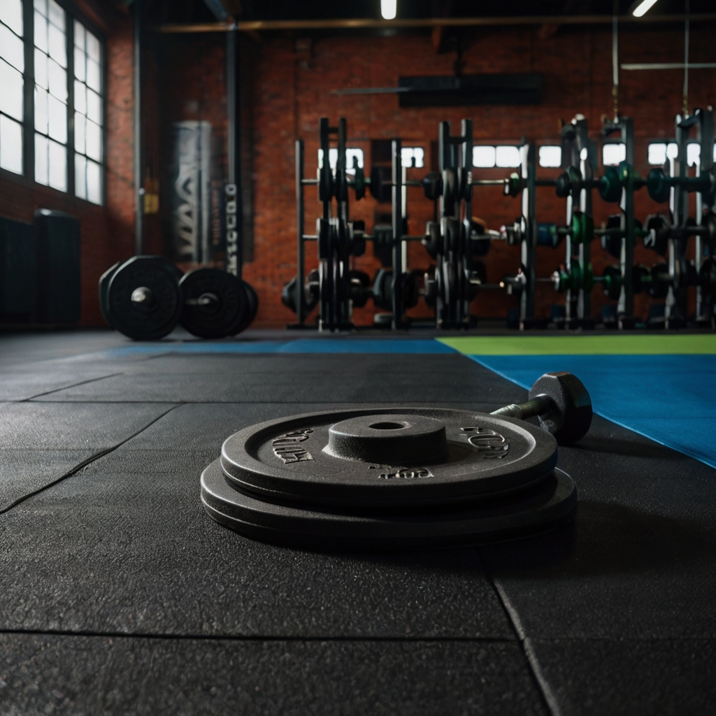 A gym with thick, textured mats protecting the floor during heavy exercises. Bright lighting showcases the durability and functionality of the mats.