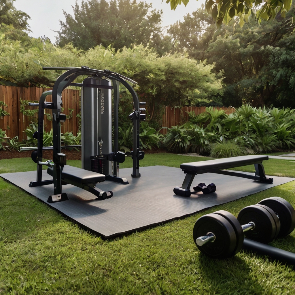 An outdoor gym in a backyard with fitness equipment surrounded by greenery. Natural light enhances the outdoor beauty and workout atmosphere.