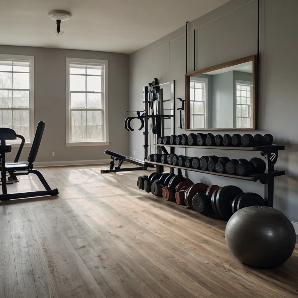 A budget-friendly gym with second-hand weights, DIY resistance bands, and minimalist decor. Natural light brightens the cost-effective and creative space.