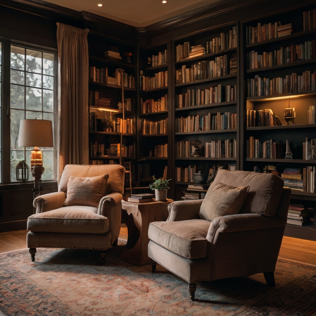 A cozy home library featuring comfortable reading chairs, gently illuminated by soft light. The overall atmosphere is warm and inviting for a reading nook.