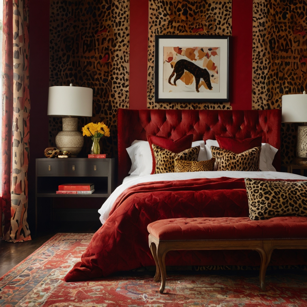 Layer red furniture with cheetah print accessories for a seamless look. Subtle textures create a balanced, cohesive design.