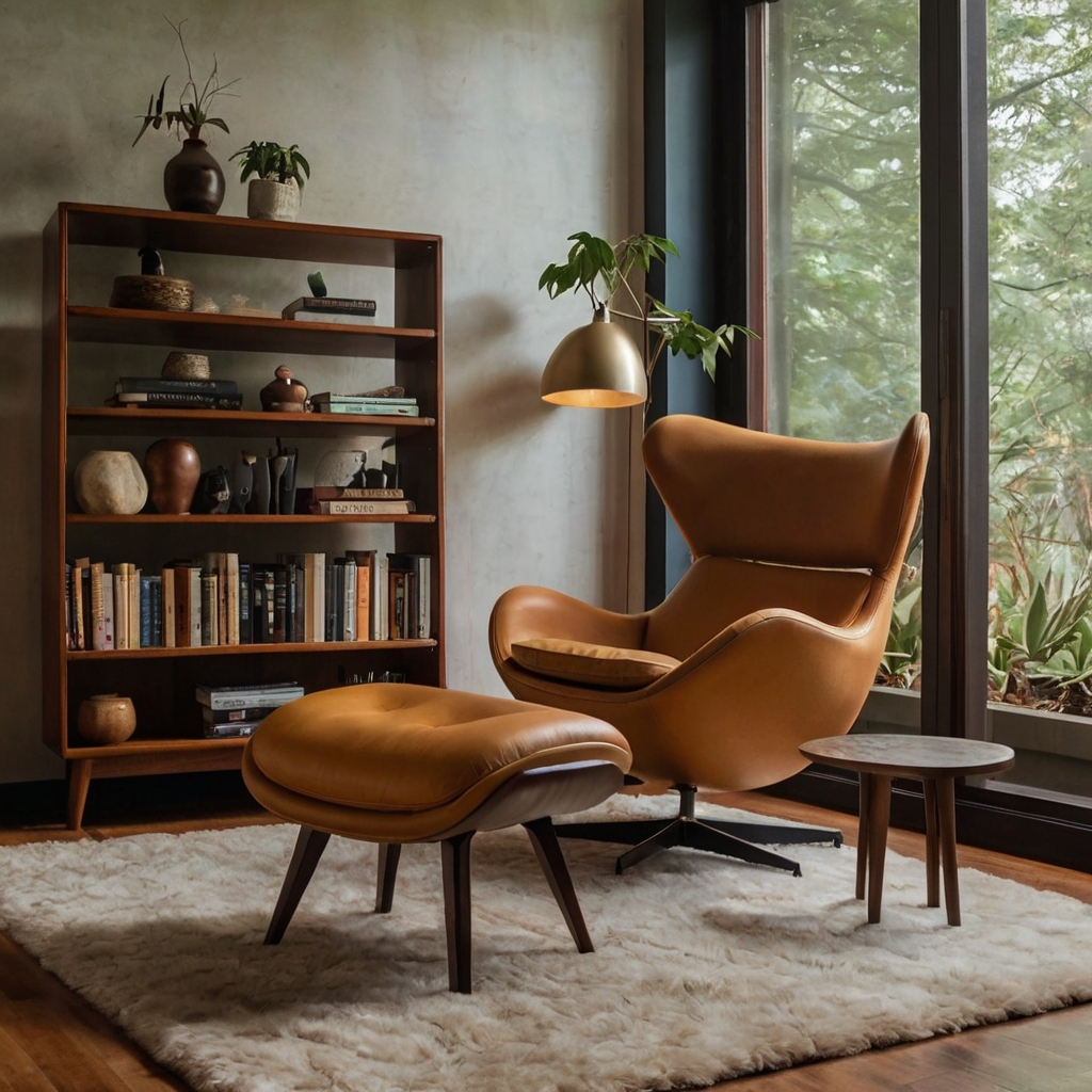 Mid-century modern living room with an iconic lounge chair in a cozy nook, lit by soft lighting.