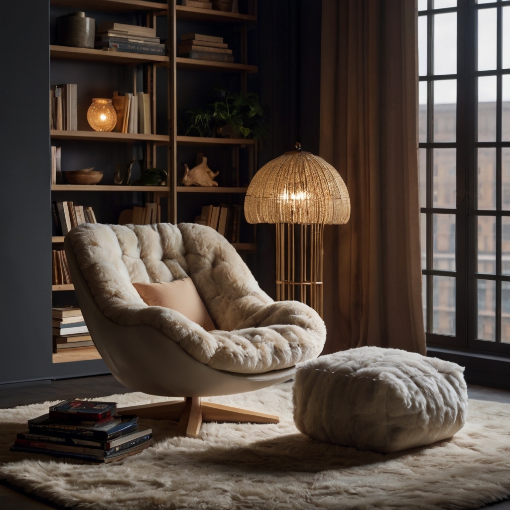 An ergonomic chair surrounded by plush cushions and soft blankets, bathed in soft lighting that highlights its inviting contours for long reading hours.