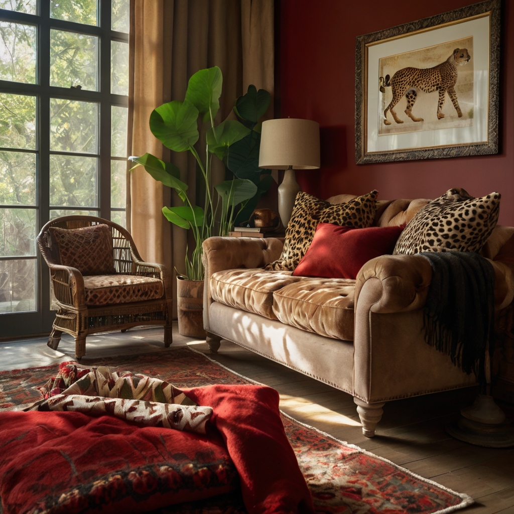 Red throws and cushions contrast beautifully with cheetah print decor. Natural light creates a warm, inviting atmosphere.