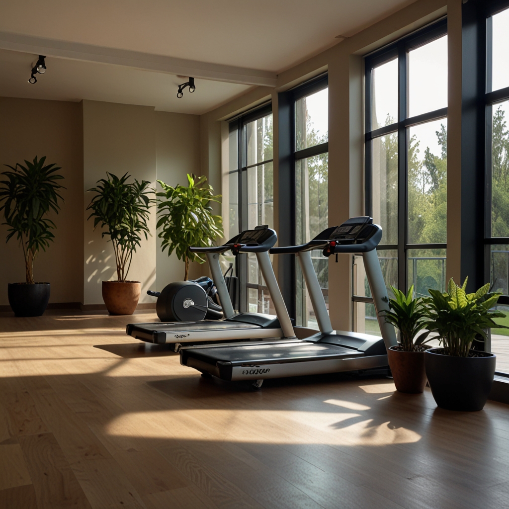 A gym filled with plants like succulents and ferns, creating a fresh, earthy vibe. Soft lighting and natural sunlight complete the calming environment.