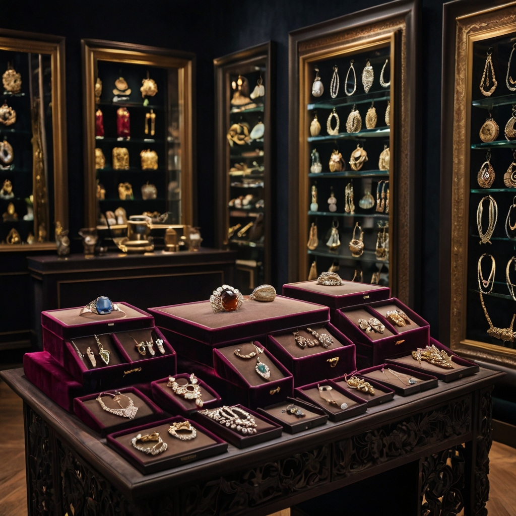 Design a jewelry display with velvet trays and antique boxes. Elegant lighting highlights the pieces, doubling as decorative art.
