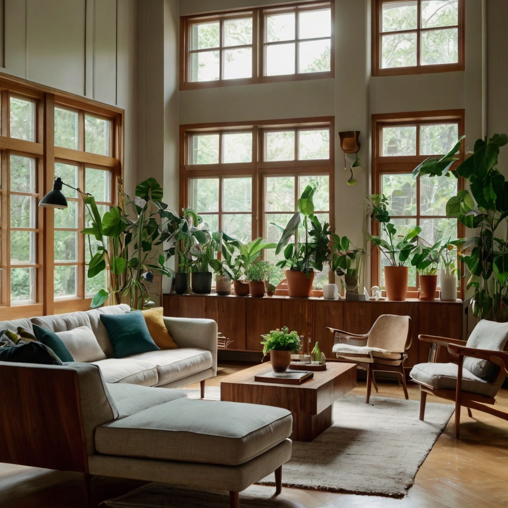 Mid-century modern living room filled with various indoor plants, natural light, and wooden furniture.