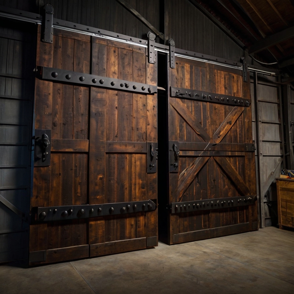 Dark wood barn doors with metal accents and rivets. Moody lighting emphasizes the rugged, industrial design.