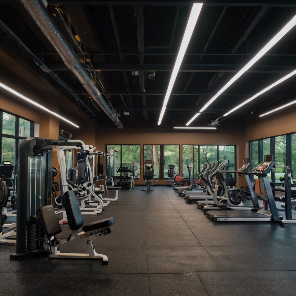 A well-organized gym layout with cardio, strength training, and stretching areas. Bright, motivating lighting creates an inspiring workout atmosphere.