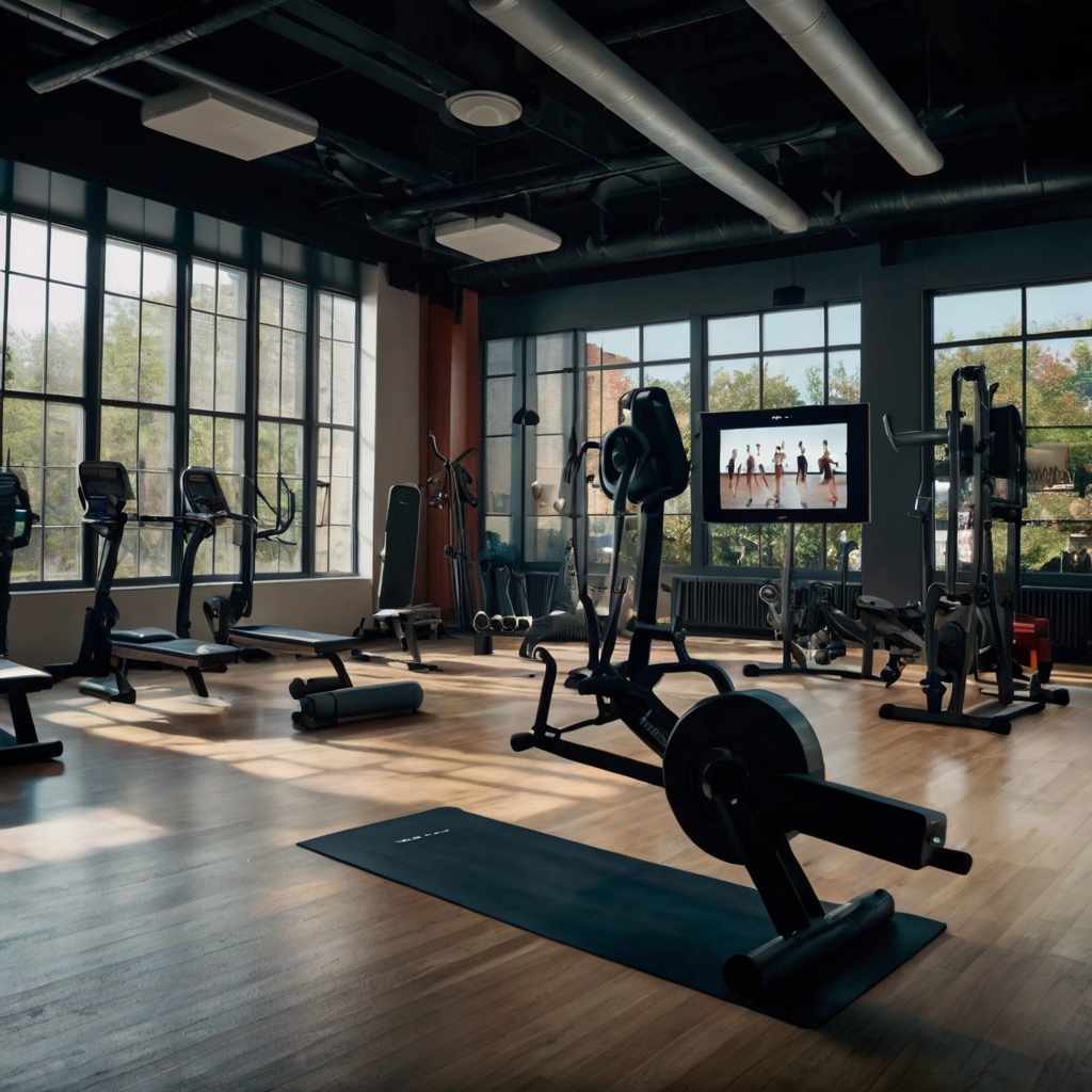 A gym with a large screen displaying virtual workout classes. The soft, motivational lighting emphasizes the interactive nature of the setup.