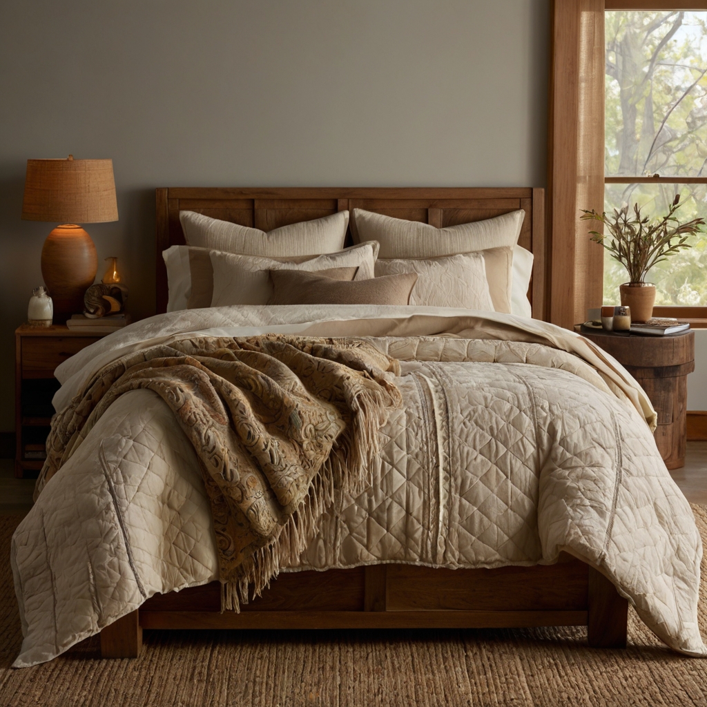 Layer quilts, duvets, and throws for a cozy, inviting bedroom look. Soft lighting enhances the textures, creating a relaxing retreat.