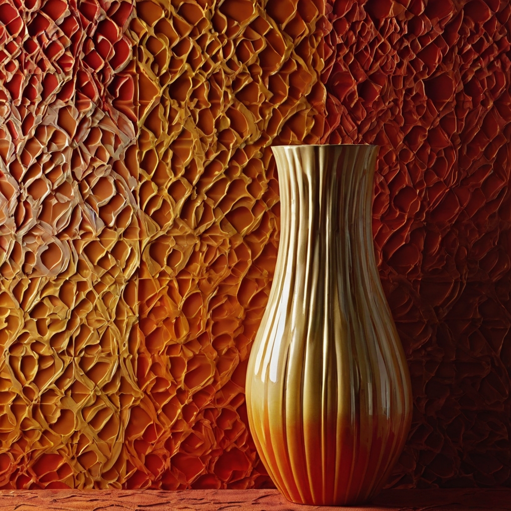 Vibrant vase with layered paint in bold colors, side lighting emphasizing textured fabric layers for a striking contrast.