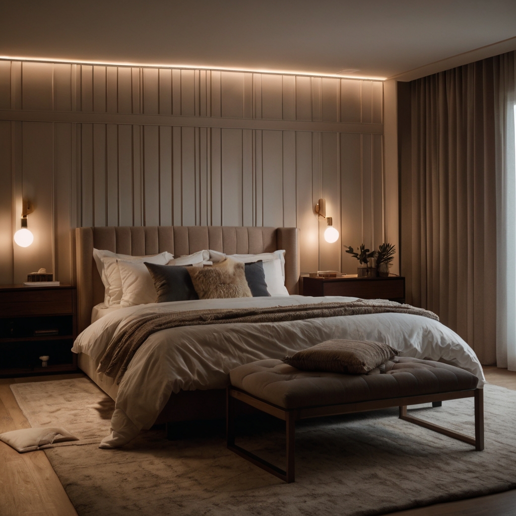 Control your bedroom lighting with app-enabled dimmers for the perfect ambiance. Soft lighting creates a cozy environment.