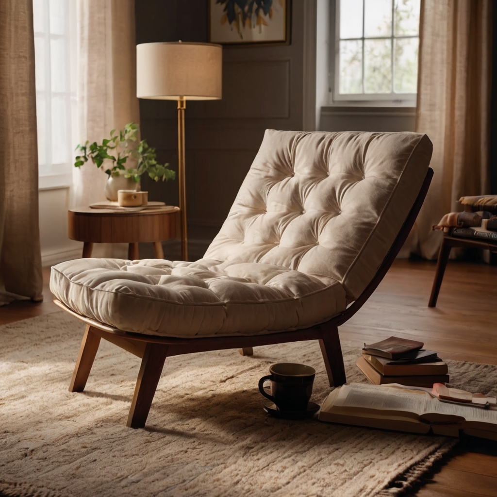 A plush lounge chair under warm light, creating a comfortable, inviting spot for reading. The cozy upholstery and gentle lighting highlight its relaxing design.