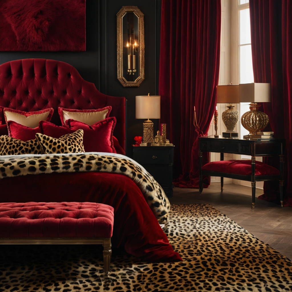 Luxurious velvet cushions and satin curtains create a chic, sophisticated vibe. Soft lighting enhances the rich textures.