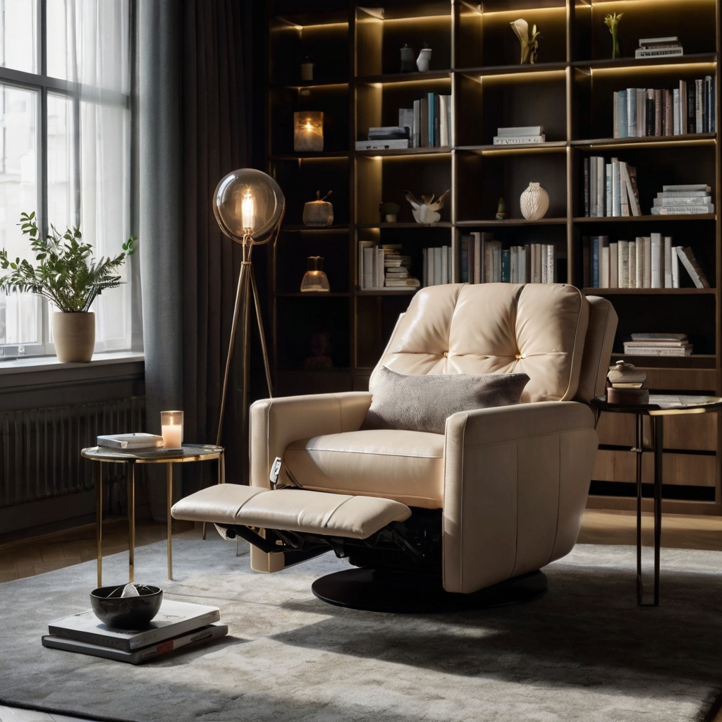 A plush recliner with soft upholstery, softly lit to highlight its luxurious design. The minimalist background of bookshelves adds to the relaxing, comfortable ambiance.