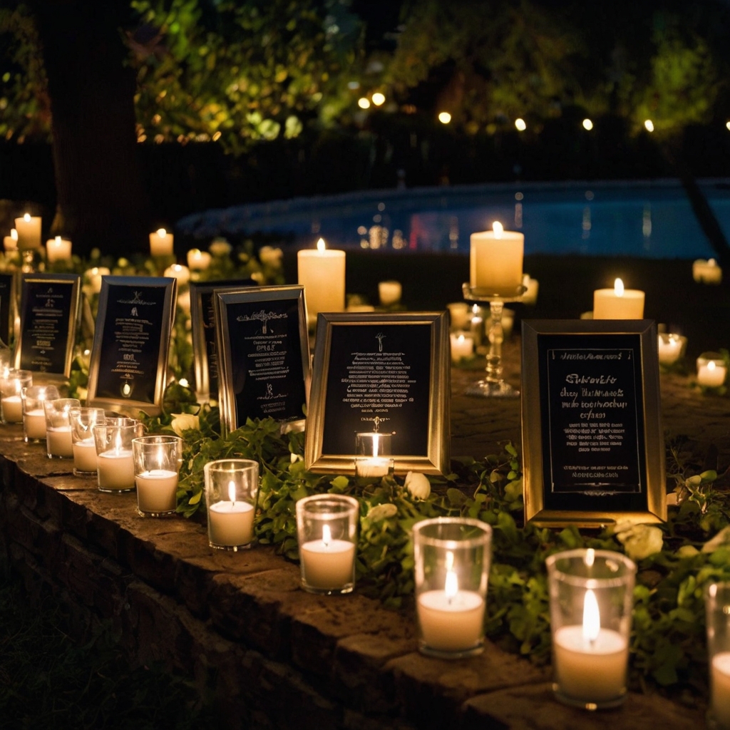 Quotes from the departed or loved ones glow softly under surrounding candlelight. Their words offer comfort and reflection.