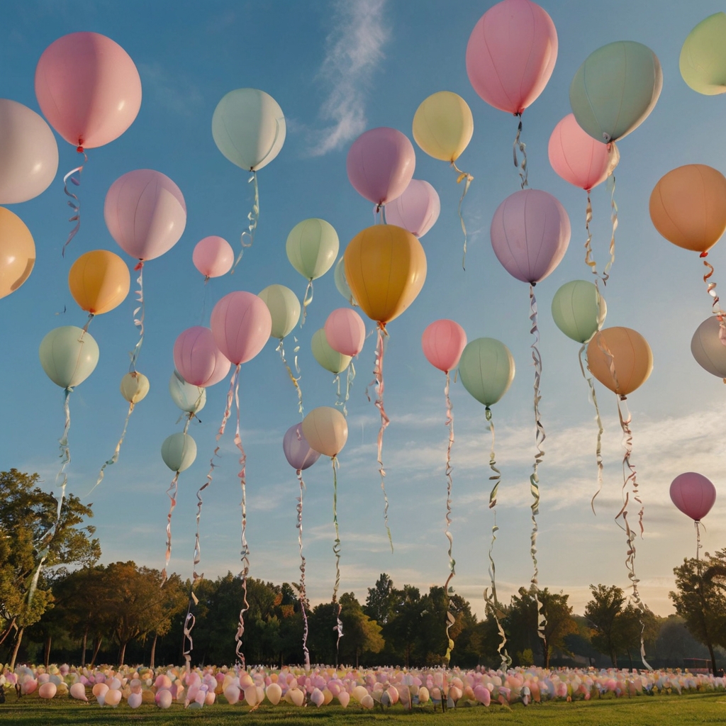 Pastel balloons drift into the sky under soft golden light. The scene symbolizes freedom and peace during the service.