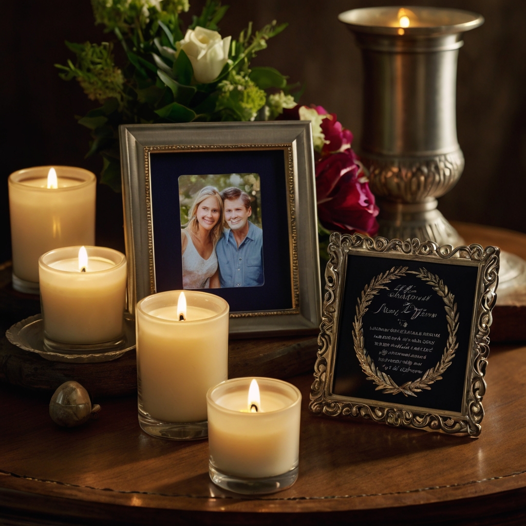 Custom keepsakes are softly lit, creating lasting reminders of the departed. The lighting draws attention to these meaningful tokens.