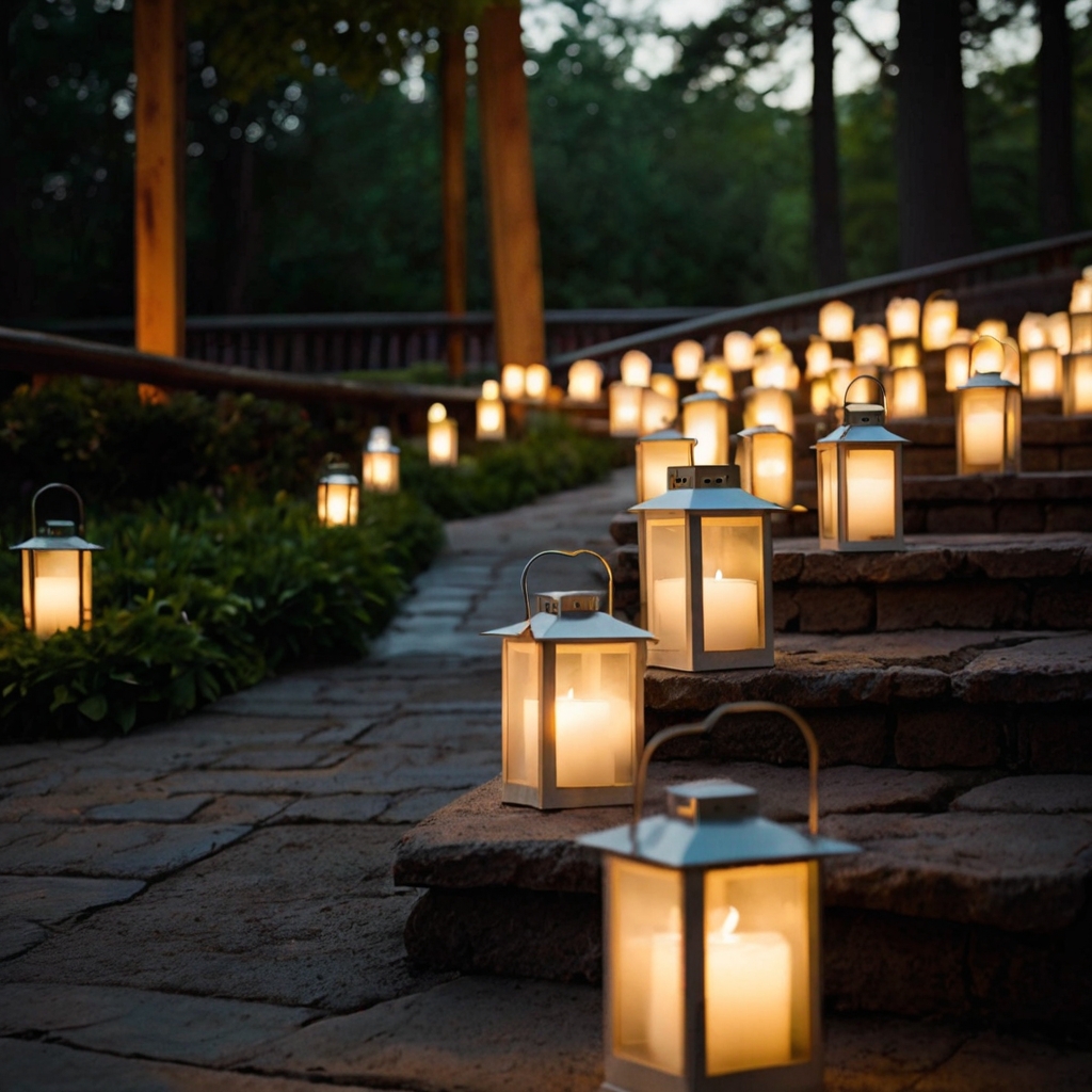 Softly glowing lanterns light the way for guests, adding serenity to the venue. The warm glow enhances the peaceful atmosphere.