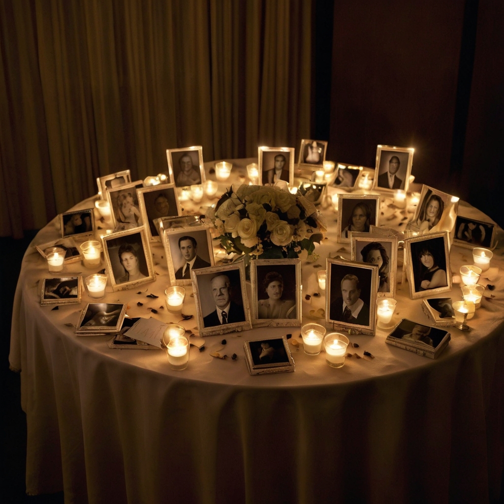 Personal mementos and photos are gently highlighted by overhead light. The table becomes a space for remembrance and reflection.