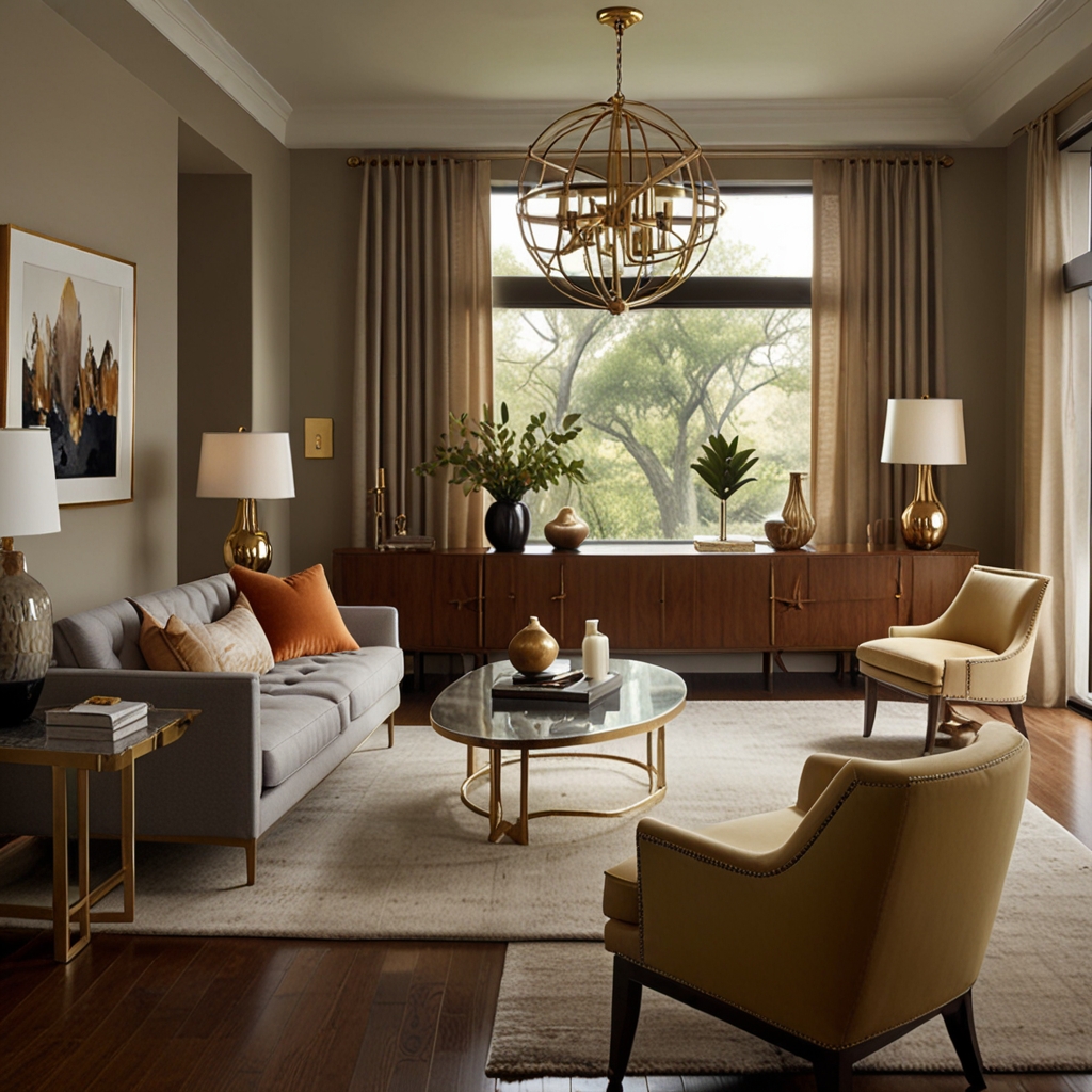 Mid-century modern living room featuring brass and chrome accents, paired with wooden furniture.