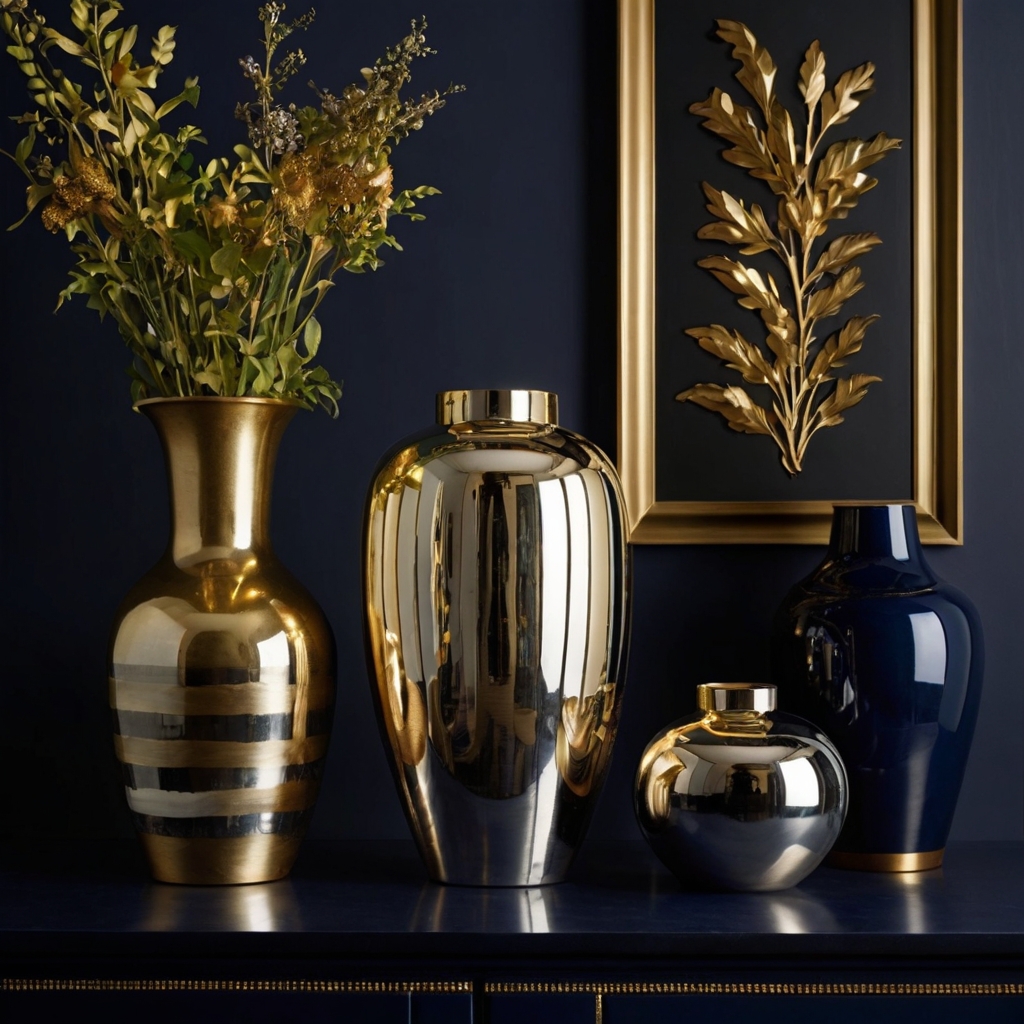 Metallic-accented vases shine with gold and silver on dark bases. Side lighting enhances the reflective surfaces for a luxe vibe.