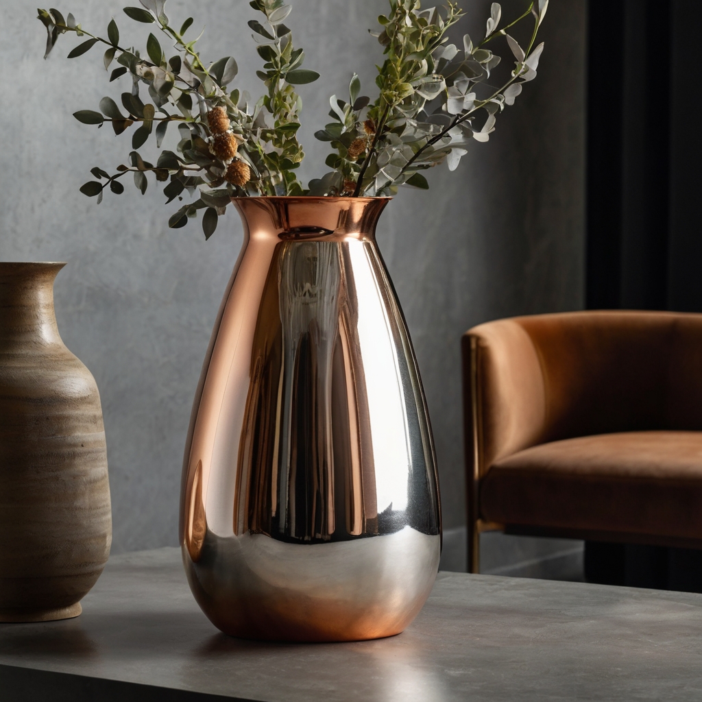 Metallic-finished vase in silver and copper, overhead light reflecting sleek, polished surfaces for a modern look.